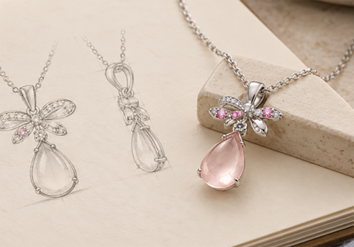 Silver and pink pendant necklaces styled on a book