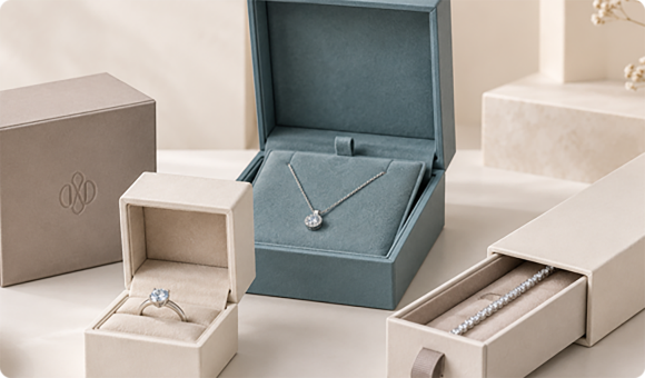 Open custom jewelry boxes in blue and cream showing a ring, earrings and a necklace in fitted inserts