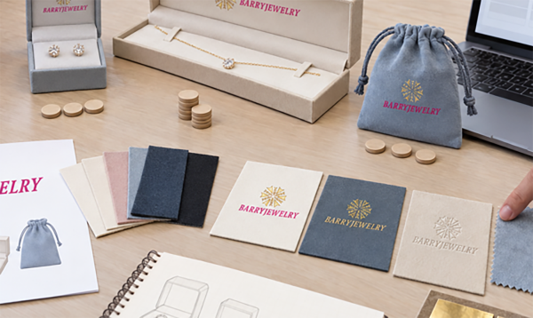 Packaging plan on a table with printed cards, color swatches, a pouch and packed jewelry boxes