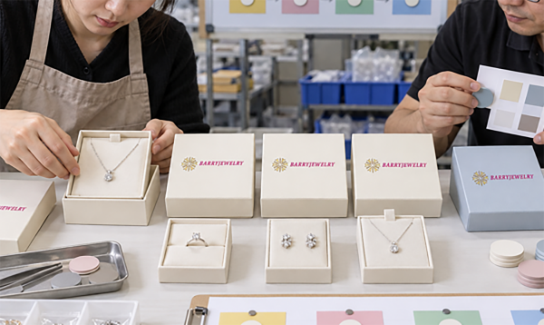 Workers matching finished jewelry to branded boxes and packaging samples before shipment