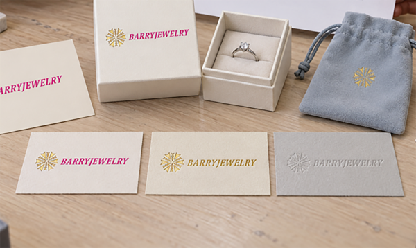 Branded cards, a ring box and a pouch arranged to show printed and embossed logo finishes