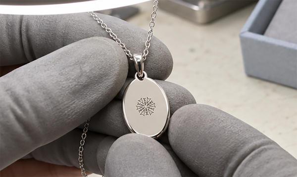 Jewelry logo tag engraved on a pendant held in gloved hands during inspection