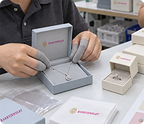 Samples of custom jewelry boxes checked by hand during the approval stage