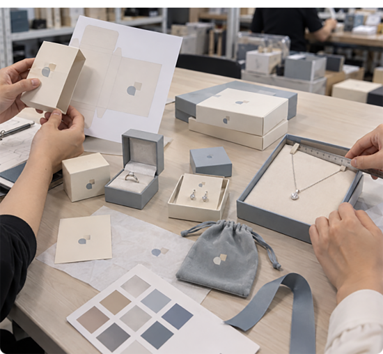 Hands sorting custom jewelry boxes, a pouch and color swatches beside a laptop on a studio table