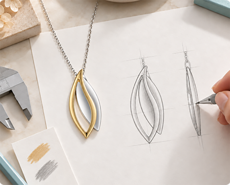 Jewelry sketches with a gold pendant, silver samples and metal color swatches on a workbench