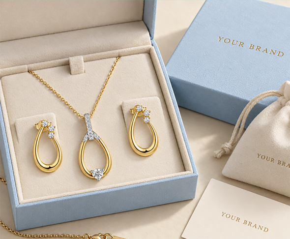Gold earrings and a necklace in a branded blue gift box with logo printed cards and pouch