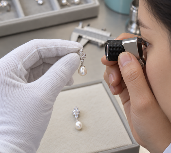 Quality control inspection of a pearl drop earring under a jeweler's loupe in white gloves