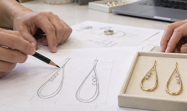 Designer drawing earring sketches beside finished gold samples in a tray