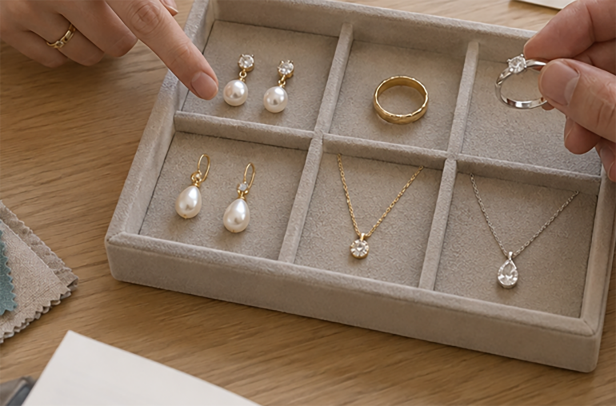 Sales tray with pearl earrings, a gold ring and stone-set pendants reviewed for a first order
