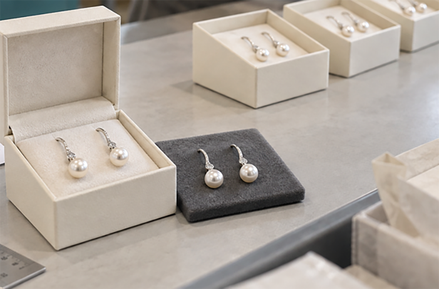 Approved sample boxes with pearl earrings arranged for private label order review