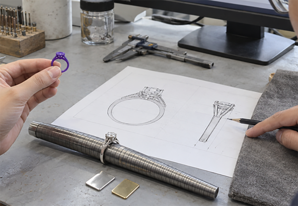 Hand holding a purple gemstone ring above a technical jewelry drawing on a workshop bench