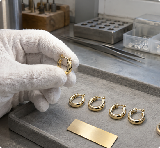 Gloved hands checking a gold ring against a row of metal samples on a stone inspection tray