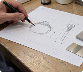 Pencil marking dimensions on a technical ring drawing that forms the approved specification record