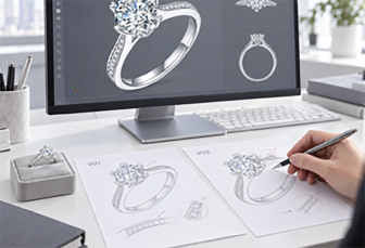 CAD workstation reviewing a ring model and technical drawings
