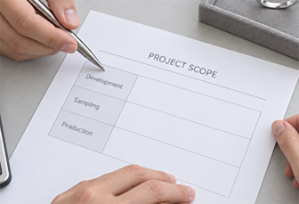 Project budget sheet being reviewed and signed before production