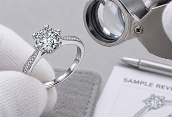Ring inspected under a magnifier beside a sample review sheet