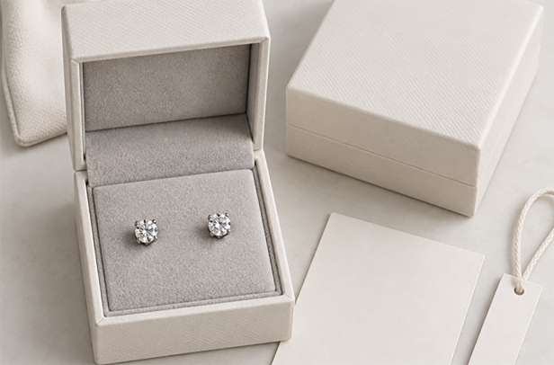 Stud earrings presented in a lined jewelry box with a care card