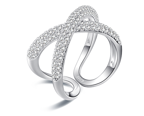 Pav&eacute; set crossover ring with interwoven bands in polished silver