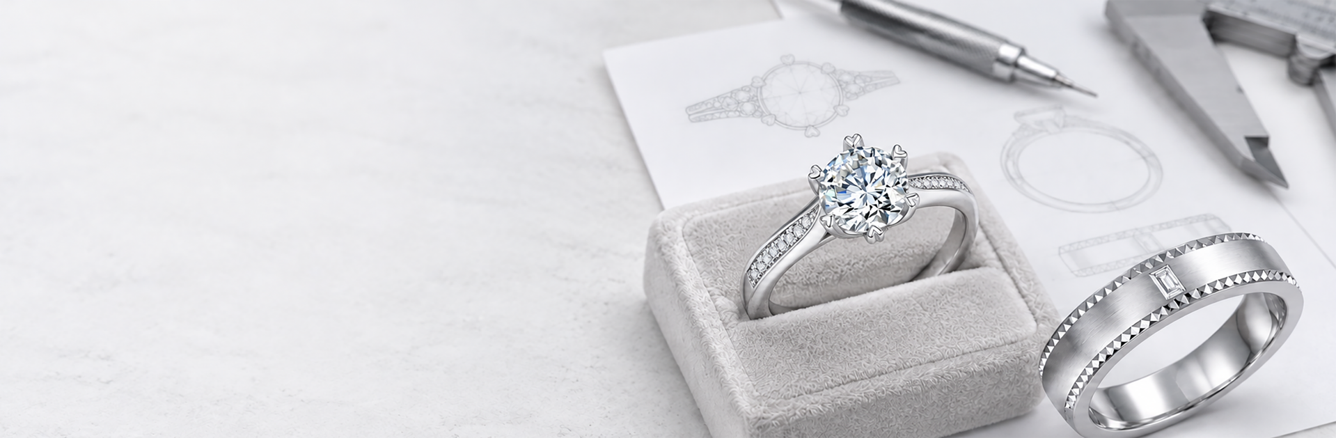 Diamond rings presented in a velvet box beside jewelry design sketches and tools