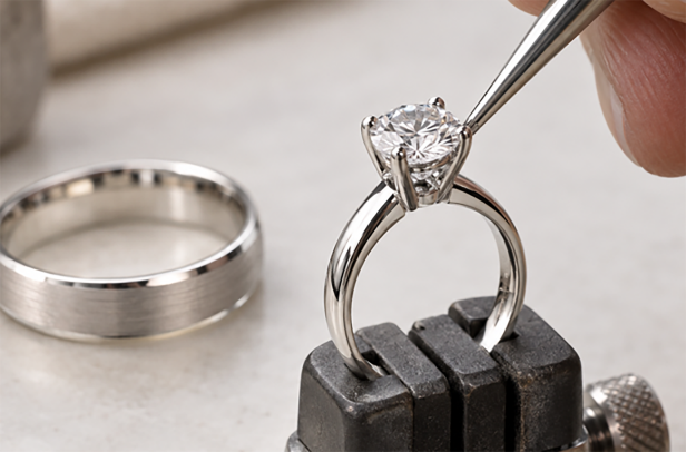 Ring held in a setting tool beside a polished band during production
