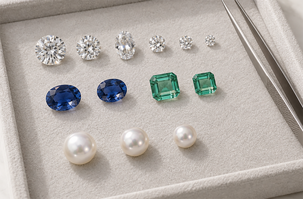 Tray of loose stones and pearls in assorted shapes and colors