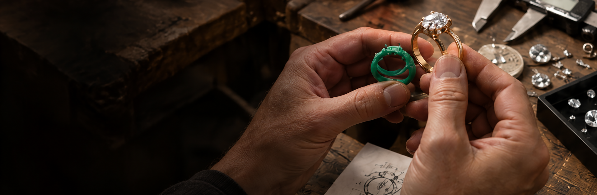 Jeweler comparing a green wax ring model with a finished gold ring set with a diamond