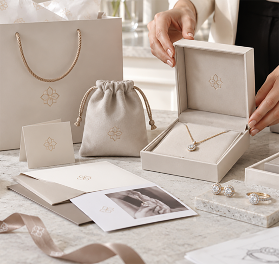Coordinated jewelry packaging set with box, pouch, gift bag and branded cards