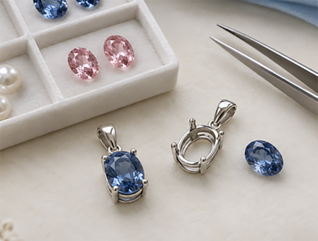 Loose lab-grown gemstones and set pendant samples in a white sorting tray with tweezers