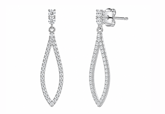 Pair of slender pavé drop earrings with elongated open loops