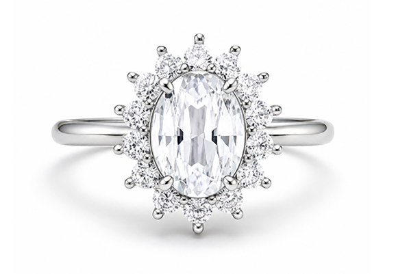 Oval-cut center stone ring with a halo of pavé accents