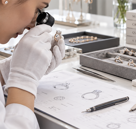 Inspector examining a ring with a loupe beside organized trays of jewelry components