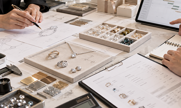 Jewelry components and stones laid out for cost review on a workbench with drawings