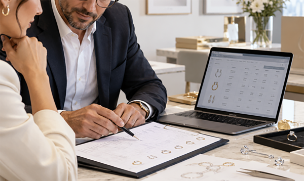 Consultant reviewing a jewelry quotation with a client beside a laptop
