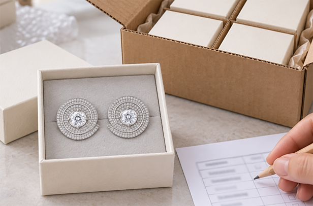 Earrings in a presentation box beside a handwritten inspection record