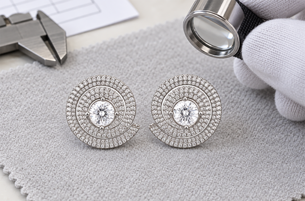 Round halo earrings being measured with a digital caliper